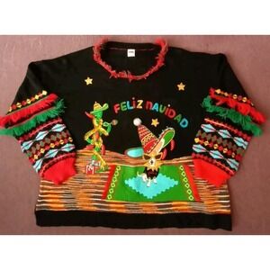 Ugly Christmas Sweater Womens 2X Feliz Navidad Peppers Chihuahua Cactus Sequin